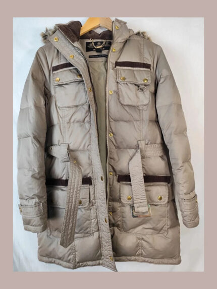 Chaqueta Barbour mujer, beige/marron con capucha de pelo Talla 40